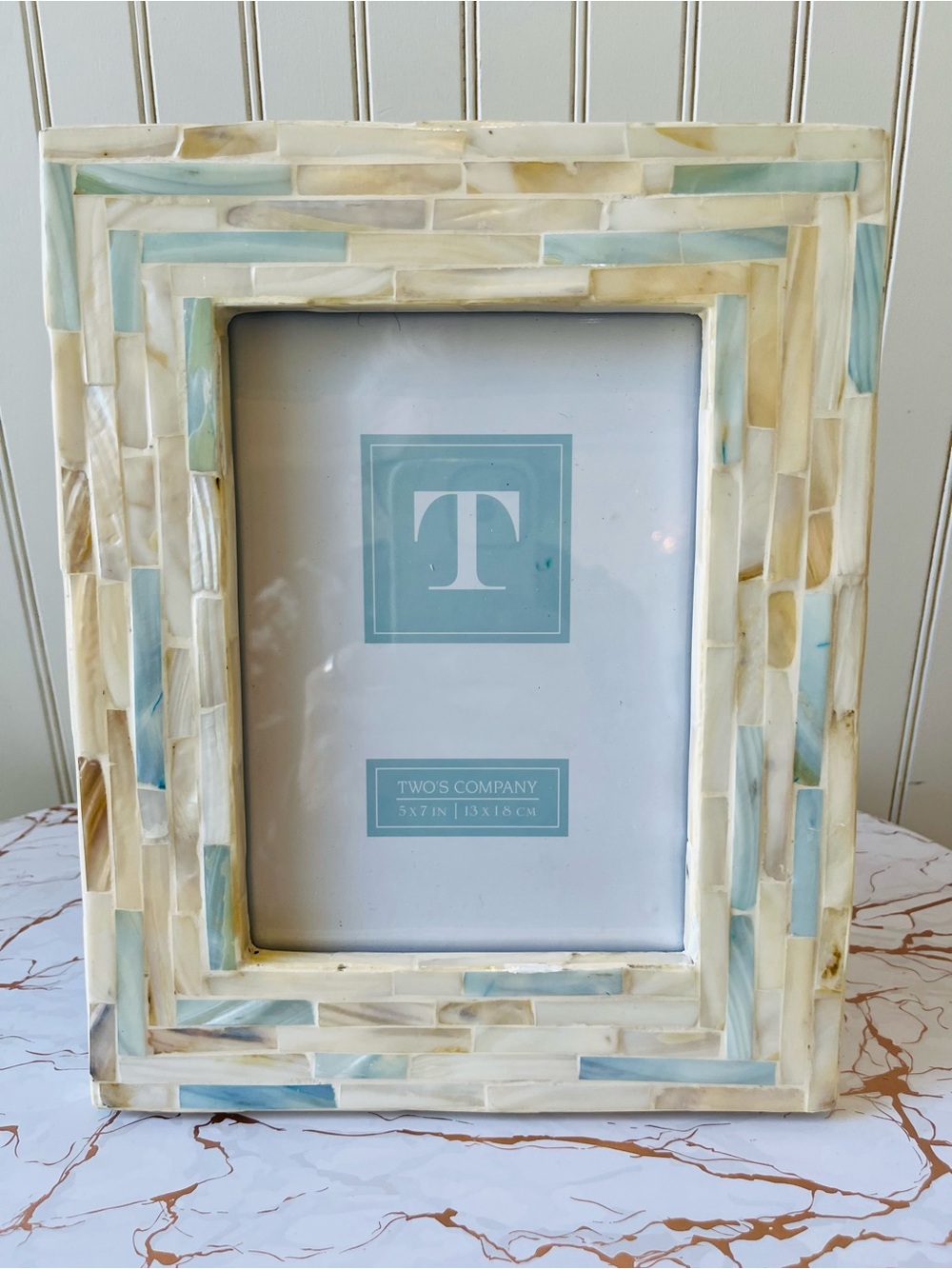 TWO’S COMPANY MOTHER OF PEARL PICTURE FRAME | 5x7 | BLUE/WHITE MOSIAC | NEW